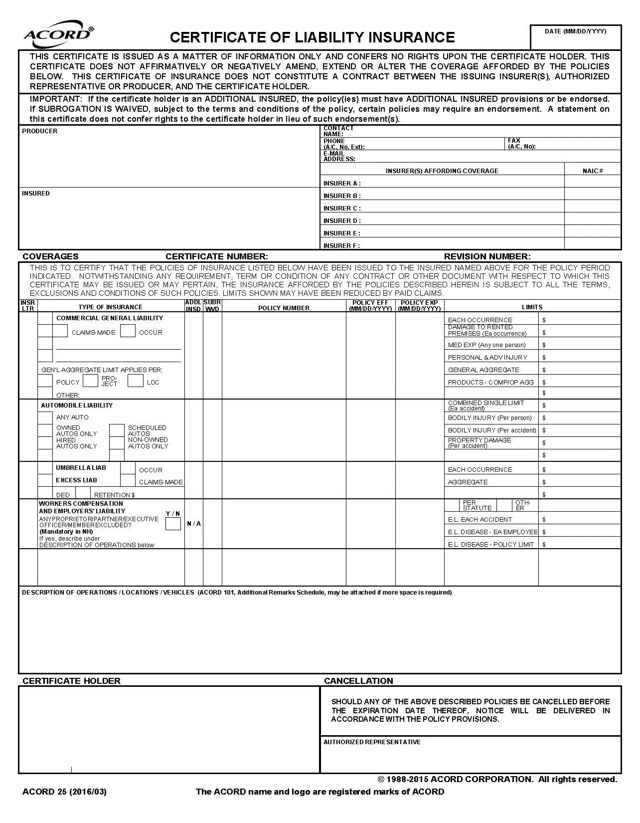 Certificate Of Liability Insurance Preview