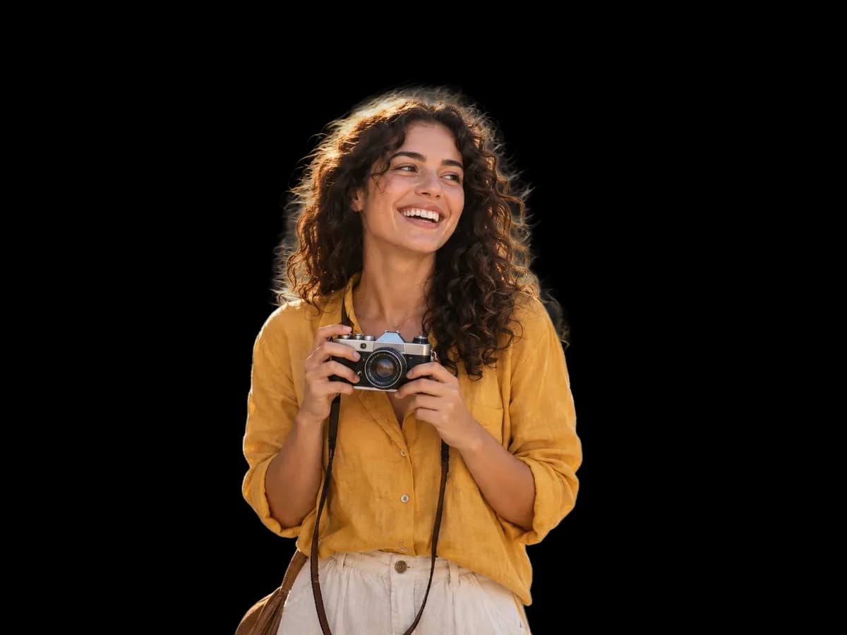 The same woman cut out by AI on a transparent background